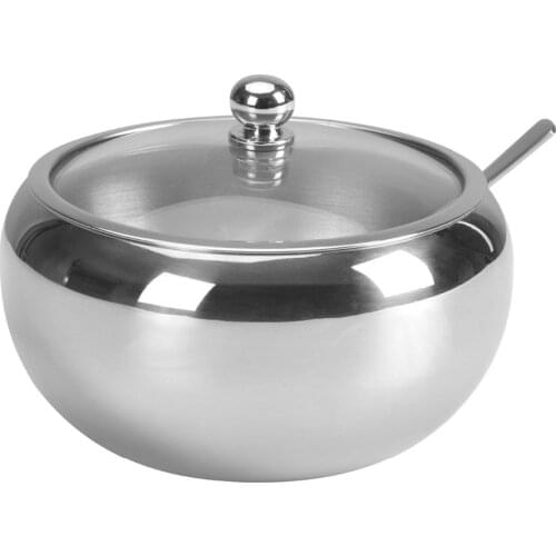 LMETJMA Large 300ML Sugar Bowl Stainless Steel Sugar Bowl with Glass Lid and Spoon Seasoning Spice Bowl Container KC0247