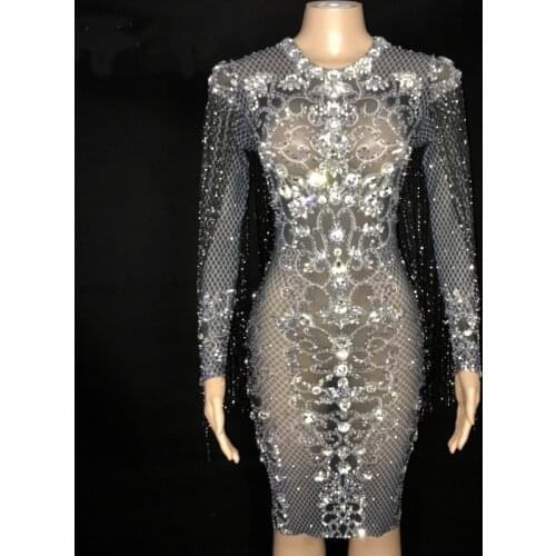 Silver Rhinestones Black Fringes See Through Dress Birthday Celebrate Dress Prom Outfit Bar Women Dance Dress YOUDU