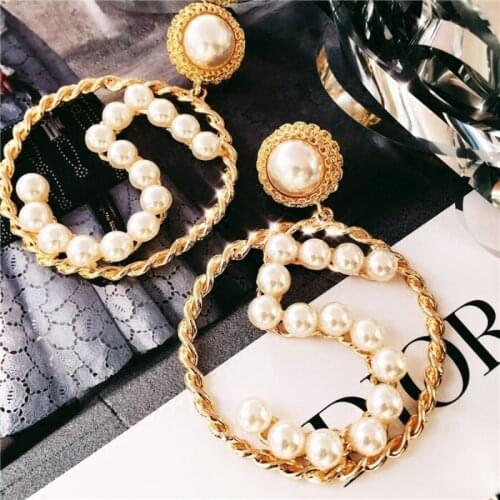 SHIFEEL New Fashion Women Jewelry Simple Simulated Pearl Number 5 Big Circle Earrings Black Ribbon Weaves