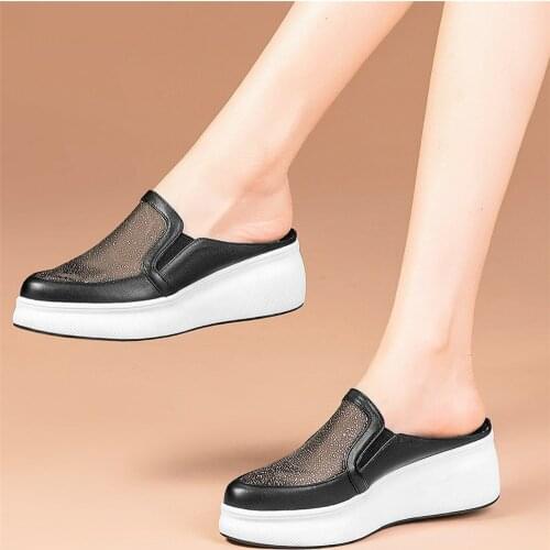 Punk Slippers Women Genuine Leather Wedges High Heel Mules Female Round Toe Platform Gladiator Sandals Summer Fashion Sneakers