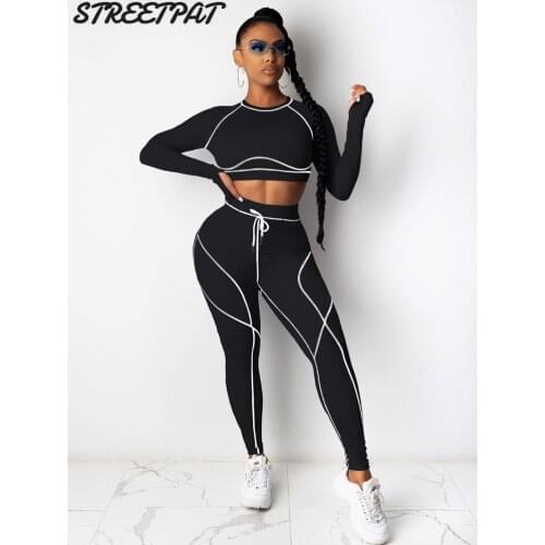 Reflective Striped 2 Piece Set Women Tracksuit Workout Fitness Crop Top High Waist Pants Jogging Suits Outfits Sport Femme 2021