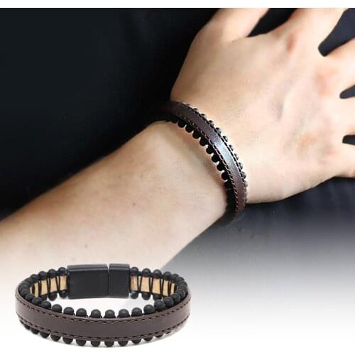 Tesbihane Onyx Gem Stone Brown Steel-Leather Men Bracelet