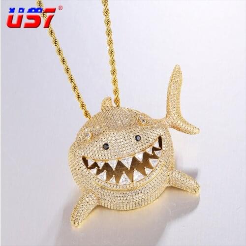 US7 Hip Hop Big Size Shark Pendant Necklace Full Iced out AAA+ Cubic Zircons Animal Pendant for Men Fashion Rock Jewelry