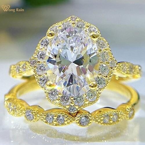 Wong Rain Vintage 925 Sterling Silver Oval Cut Created Moissanite Gemstone Wedding Engagement Bohemia Ring Set Fine Jewelry Gift