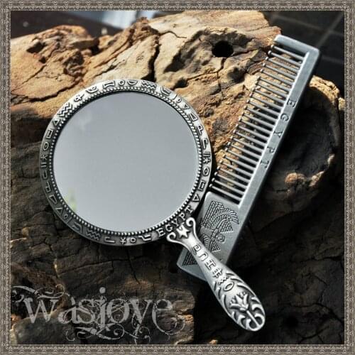 Egyptian-style retro portable small mirror handle mirror makeup dressing mirror with comb set for travel lovers birthday gift