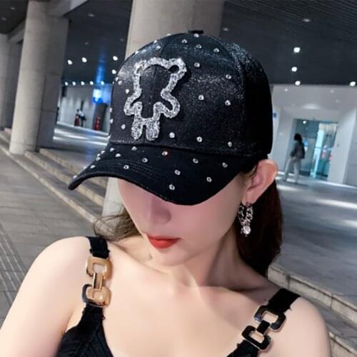 Hat female 2022 fall/winter fashion rhinestone bear baseball cap cute casual girl thin cap Snapback Bone street hip-hop cap