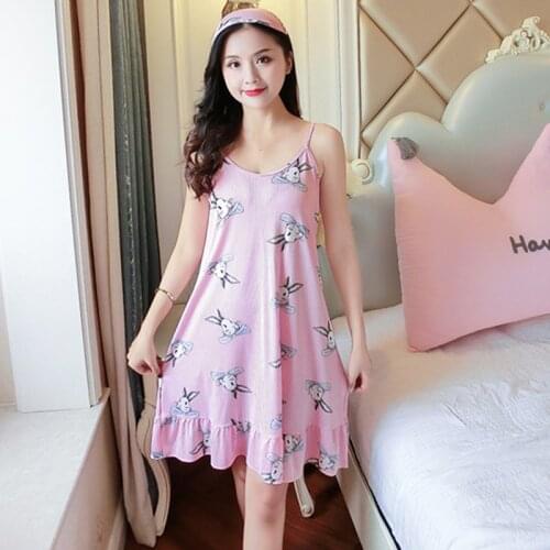 Womens Sling Nightdress Cartoon Print Loose Milk Silk Dress With Blindfold Cute Nightwear