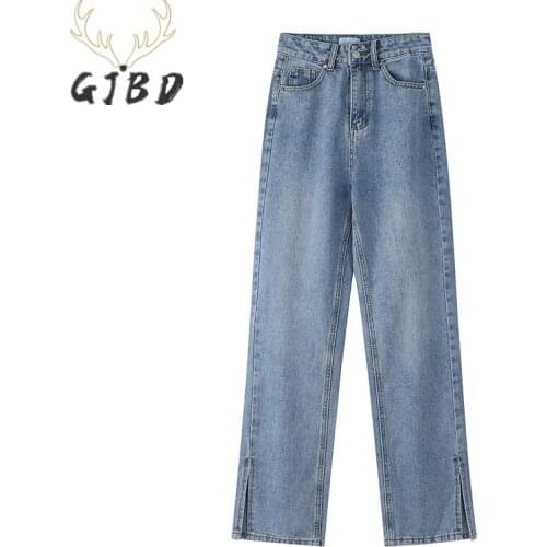 Womens Jeans High Waist 2021 Autumn Streetwear Korean Fashion Straight Pants Ladies Baggy Washed Slit Wide Leg Denim Trousers