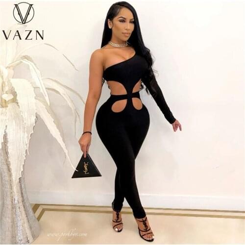 VAZN 2021 Hot Special Sexy One Shoulder Black Office Lady Women Banquet Party Beach Jumpsuits Full Pant Bandage Rompers