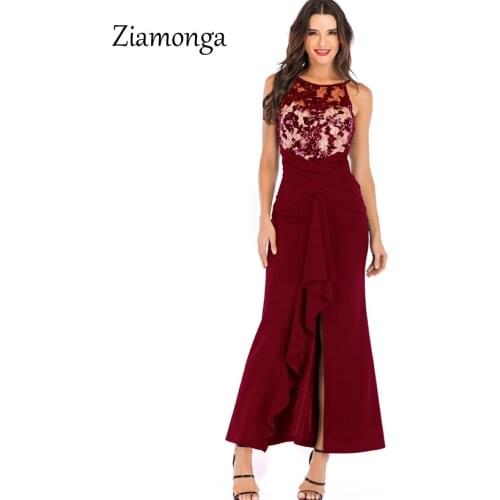 Ziamonga Sequin Maxi Dress Women Sexy High Split Long Dress 2019 O-Neck Ruffles Bandage Dress Elegant Formal Party Lace Vestidos