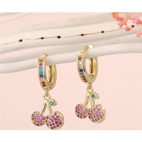 1Pair Shiny Crystal Cherry Grape Heart Small Hoop Earrings For Women Unique Cute Hollow Smile Face Leaf Bicycle Ear Stud Jewelry