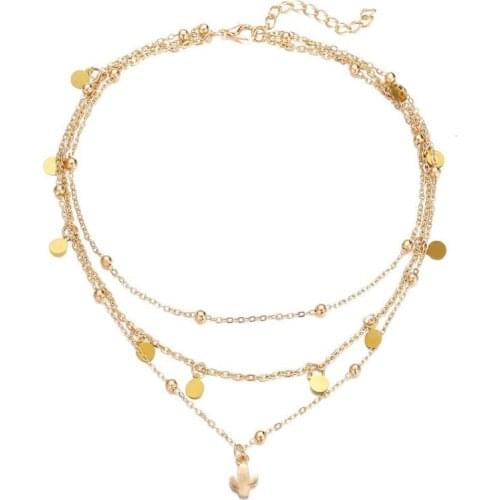 2021 Necklace For Women 3 Layers Golden Cactus Sequins Multi-Layer Pendant Necklaces Clavicle Chain Female Accessories Jewelry