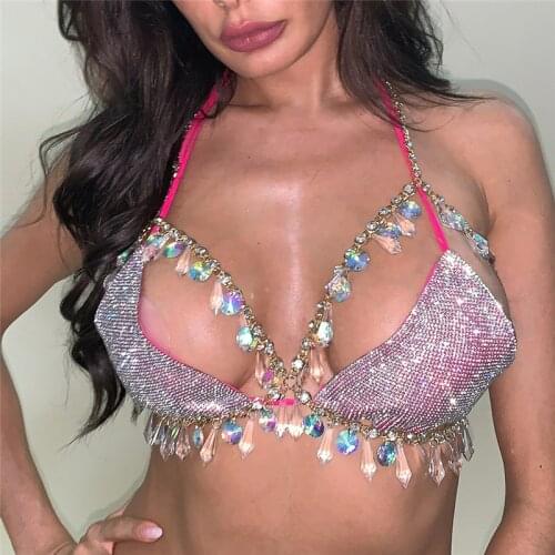 Glitter Crystal Rhinestones Tank Top Halter Metal Chain Bra Crop Tops Hollow Out Sexy Ladies Slim Tops Summer Seaside Fashion