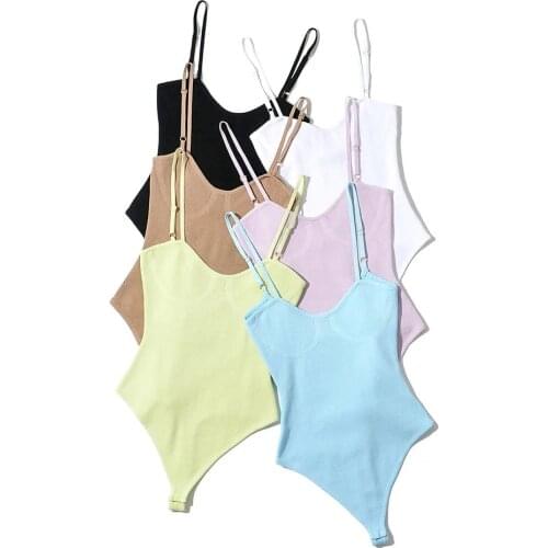 One Piece Women Knitted Solid Adjusted Straps Sleeveless Black White Khaki Purple Blue Green Bodysuit Bodycon Jumpsuit