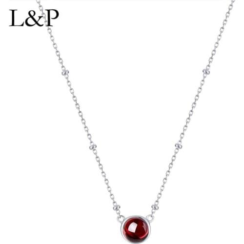 L&P Fashion Simple Round Garnet Gemstone Necklace Authenic 925 Sterling Silver Pendant Necklaace Anniversary Gift For Women Girl