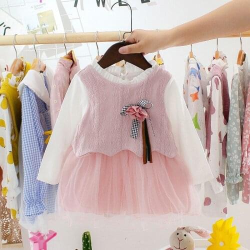 Princess Dress Fake 2PCS Children Girls Cute Mesh Stitching Vest Bottoming Long Sleeved Sweet 6-24M