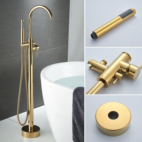 European Solid Brass Floor Shower Retro Floor-standing Bathtub Hot and Cold Water Faucet Bathroom Shower Set Brushed Gold