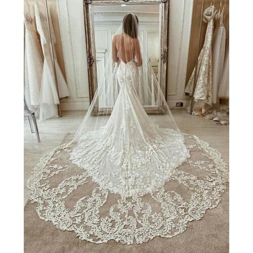 Gorgeous Designer Chapel Length Bridal Veils Appliqued Lace Edge Long Wedding Veils 2020 Vestido De Noiva Longo Wedding Veil