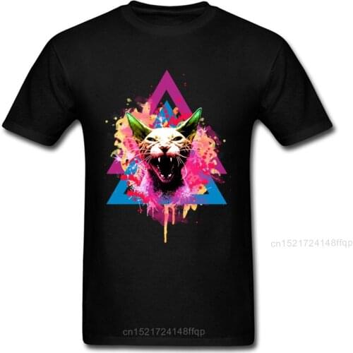 Angry Sphynx Cat T-shirt Watercolor Splash T Shirt Men Tops Geometric Pattern Clothing Cotton Tees Black Tshirt Crazy