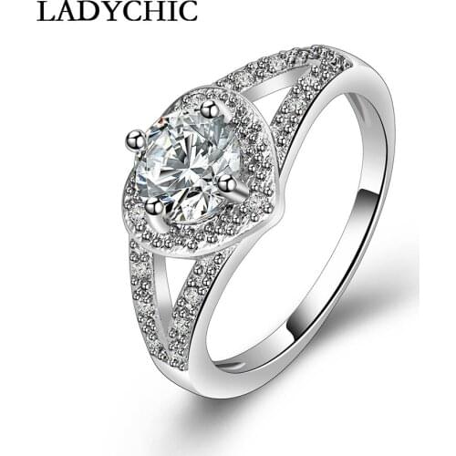 LADYCHIC High Quality Love Heart Shape Silver Color Cubic Zircon Rings Fashion Charm Female Wedding Jewelry Wholesale LR1037