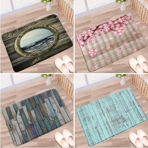 Vintage Old Wood Plank Bathroom Mat Pink Cherry Blossom Blue Geometric Splicing Pattern Non-slip Rug Bath Kitchen Doorway Carpet