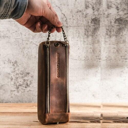 Leather Pen Pencil Case Makeup Bag Vintage Retro Stationary Pouch Large Capacity