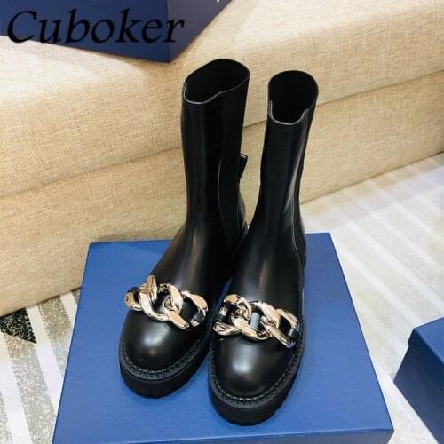 Fashion Brand Designer Women Martin Boots Round Toe Metal Chain Decor Leather Ankle Short Boots Autumn Winter Shoes For Women
