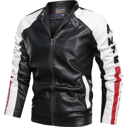 SAZ new stand collar PU leather coat mens washing color matching slim fit leather jacket mens casual leather coat
