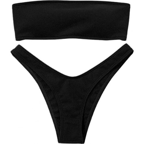 Bandeau Solid Color Two Pieces Strapless High Cut Women Bathing Suit Bikini Set for Water Activity