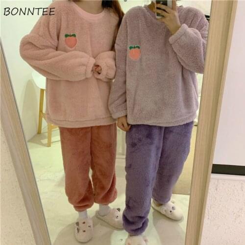 Pajama Sets Women Loose Cute Thicker Comfortable Warm Winter Patchwork Female Nightclothes Korean Style Student Home Fashion New
