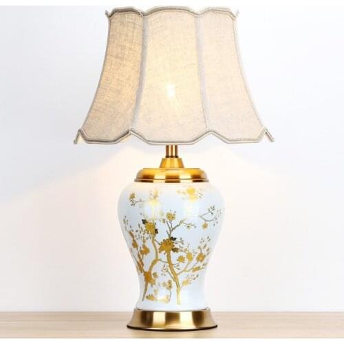 Hotel living room bedroom study bedside lamp luxury American European new Chinese golden ceramic table lamp