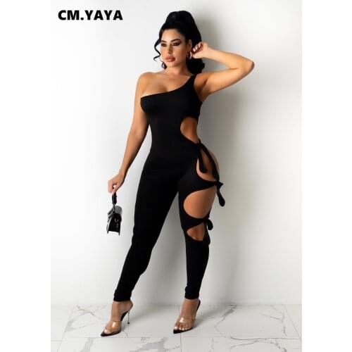CM.YAYA Active Solid Women Cut Out Hole One Shoulder Jumpsuit Sexy Night Party Beach Romper Playsuit