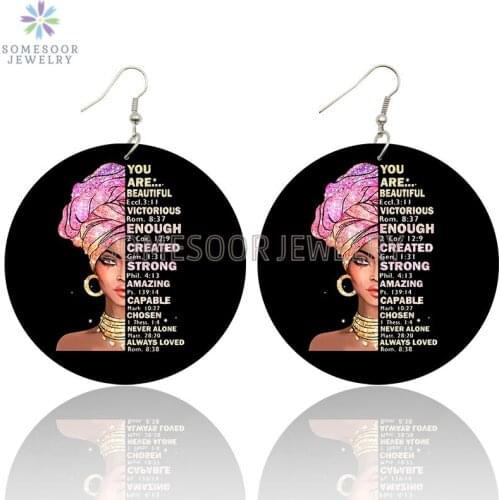 SOMESOOR I Am Black Woman Sayings Printed Wooden Drop Earrings Magical Powerful Headwrap Lady Dangle Jewelry For Women Gifts