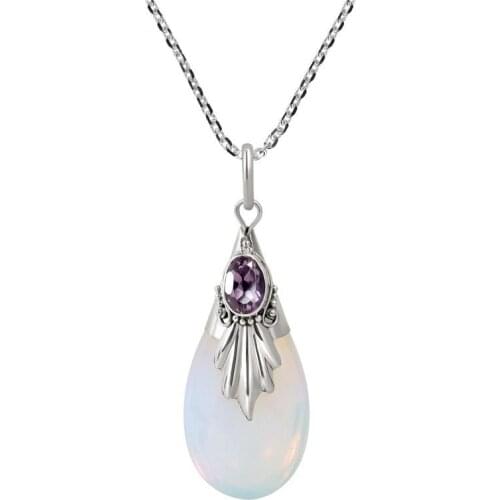 Trendy Drop-Shaped Moonstone Inlaid Pendant Necklace Womens Necklaces Bohemian Crystal Inlaid Pendant Accessories Party Jewelry