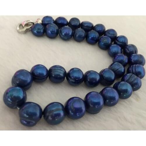 Gorgeous 11-12mm south sea baroque black blue pearl necklace 18inch