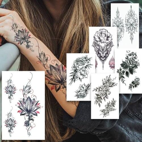 Lotus Fake Temporary Tattoos For Women Girls Daisy Lily Bloosom Tattoo Black Henna Lace Flower Hand Armband Pendants Tatoo Paper