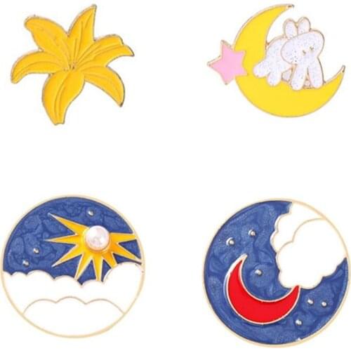 Cartoons Sun Moon Lapel Pins Flowers Anime Badges Fashion Enamel Brooches For Women Metal Decorative Brooch Hijab Pin On Clothes