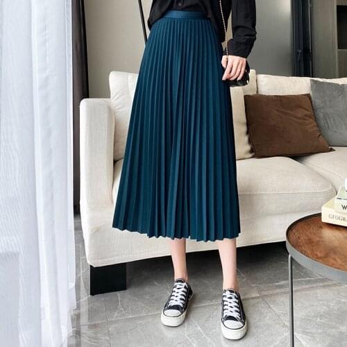 Quality Women Pleated 2021 harajuku Metallic Black Midi High Waist Elascity Casual Party Long Skirt