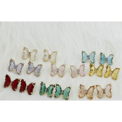 Korea elegant cute candy color crystal butterfly earrings ladies transparent glass shiny crystal butterfly earrings jewelry gift