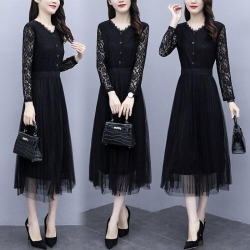 Autumn New Lace Midi Dress Office Lady A-line Vestidos De Festa Fashion Elegant Sukienki Na Wesele Damskie Clothes For Women