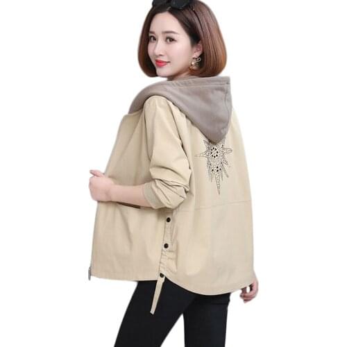 Khaki New Spring Autumn Double Layer Windbreaker Women Korean Loose Short Hooded Coat Female Print Casual Trench Coat Outwear4XL