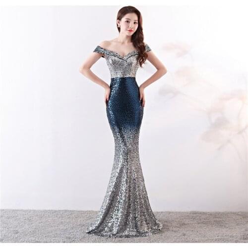 Sundress Women Gold Silver Sequins Dress Slash Neck Vestidos Verano Evening Party Dress Mermaid Gown Elegant Sexy Wedding