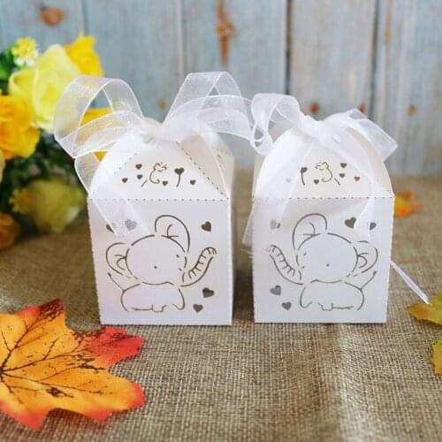 10pcs Laser Cut Elephant Hollow Carriage Favors Box Gifts Candy Boxes With Ribbon Baby Shower Wedding Birthday Party Supplies