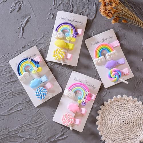 3pcs Rainbow Lollipop Cloud Hair Clip Girl Bangs Side Hairpin Cartoon Colorful Kids Hair Accessories Princess Barrette Headwear
