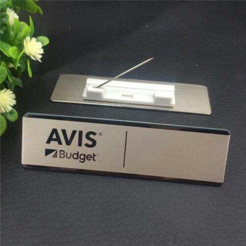 50pcs/lot custom name tag holder promotional stainless steel nameplate laser personalized employee badge with safety pin