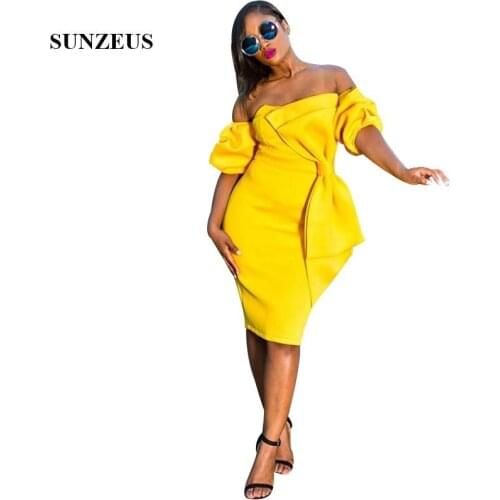 African Women Yellow Prom Dress Sheath Knee Length Party Gown Off Shoulder Formal Dress With Sleeves