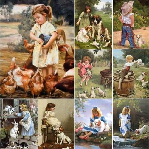 5D DIY Diamond Painting Children Playing with Dogs Full Square Diamond Embroidery Animal Mosaic Cross Stitch Kit Home Decor Gift