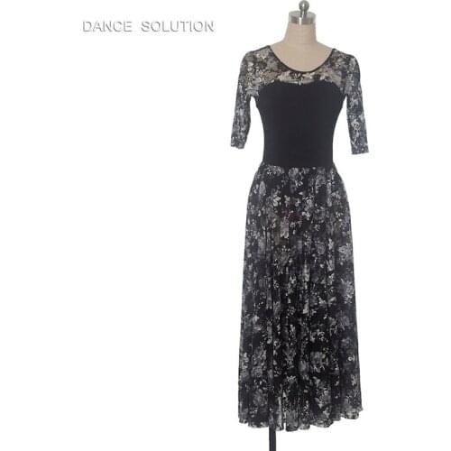 Free Shipping 2 in 1 Ballet Dance Wear Mid-Sleeve Black/White Lace Leotard and Skirt for Adult Women 01D0020-2A