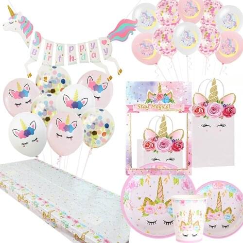 Birthday Party Decors Disposable Tableware Kit Unicorn Balloon Cups Plates Napkin Kids Birthday Unicornio Party Supplies WQ01