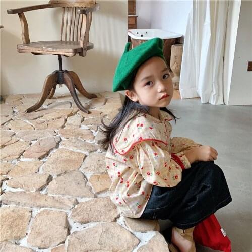 Childrens shirt 2021 autumn new Korean girls Navy collar shirt childrens long sleeve flower shirt babys top